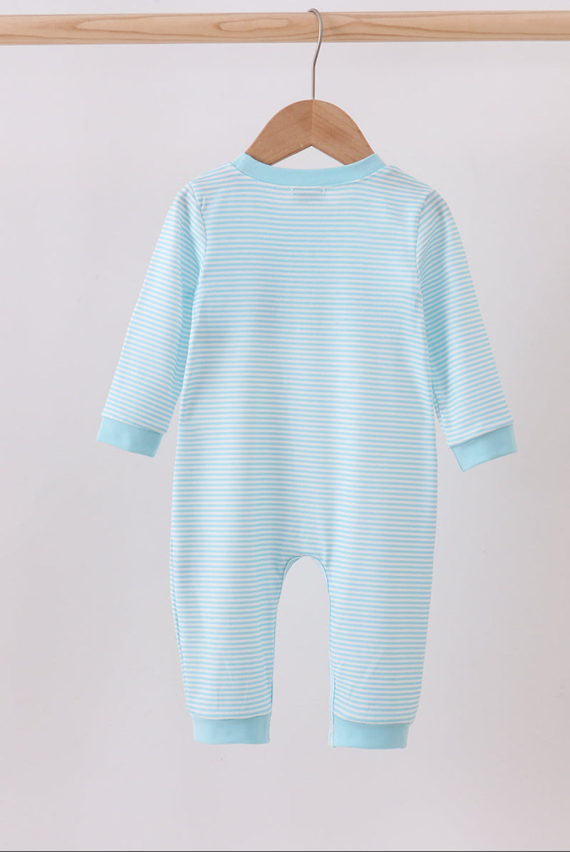 Blue Stripe Christmas Tree.Smocked Boy’s Romper