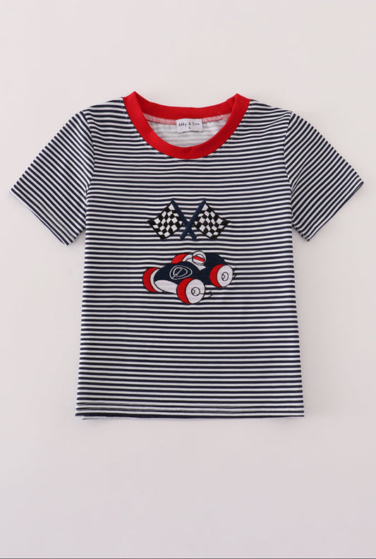 Navy Stripe Racing Car Embroidery Boy’s Top