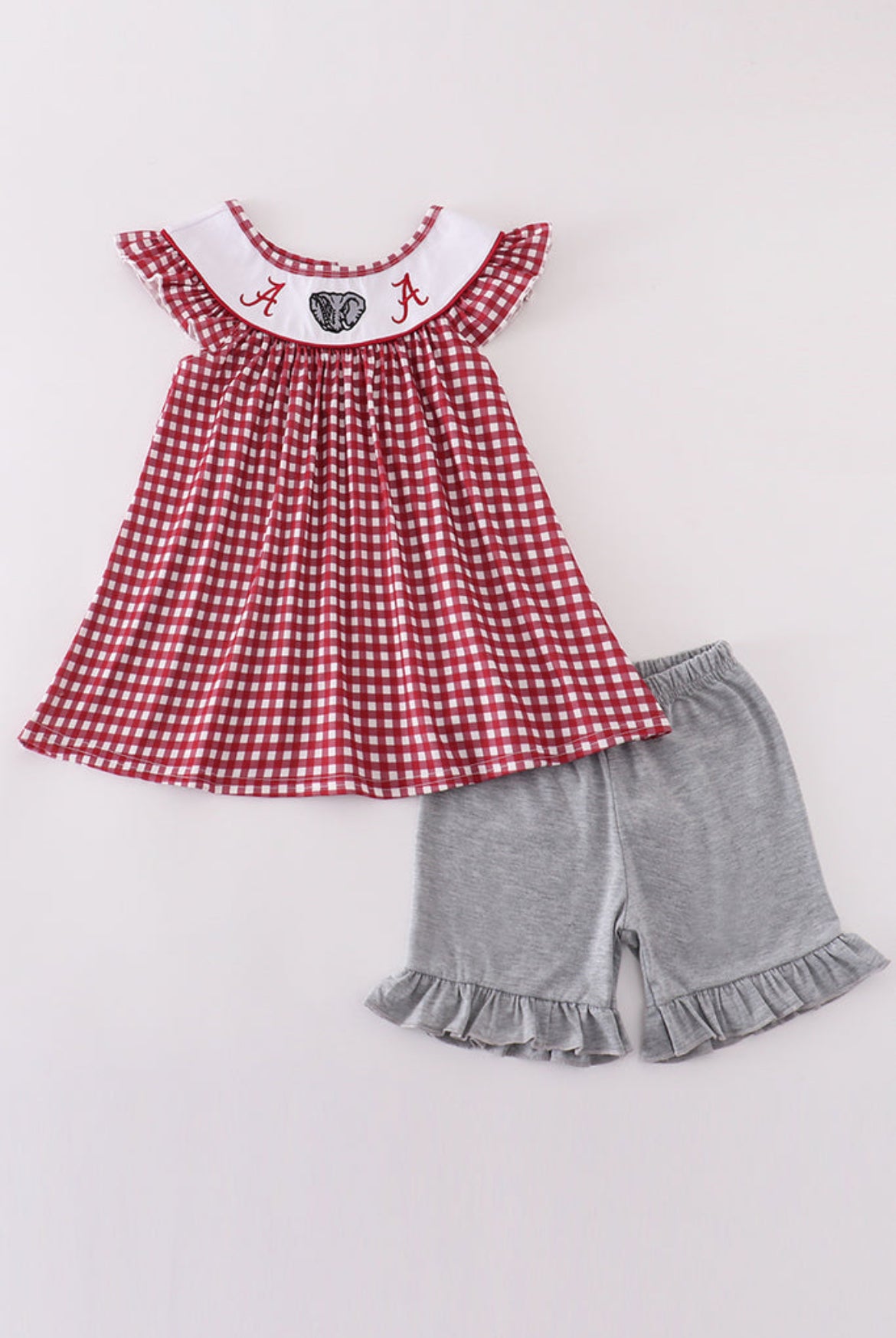 Girl’s “Elephant” Embroidered Gingham Shorts Set