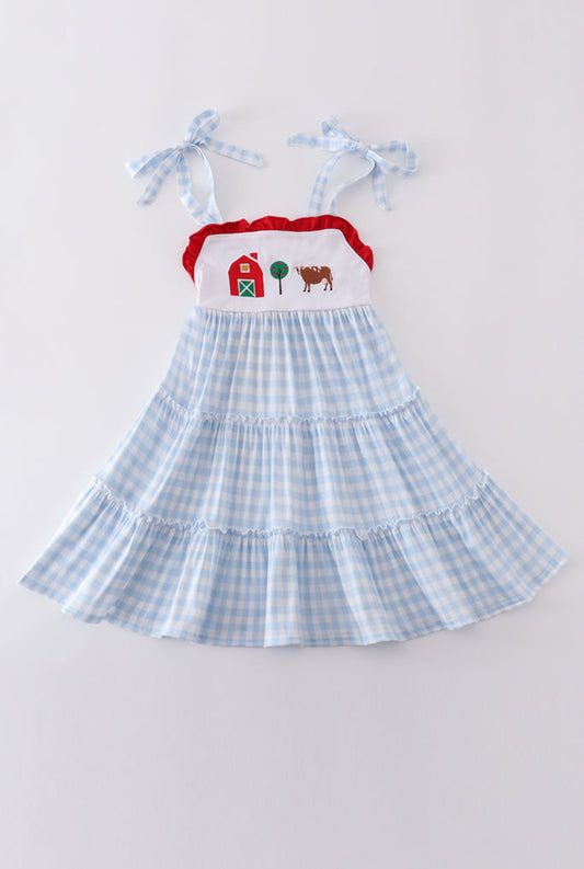 Girl’s Blue Farm Embroidery Tiered Dress
