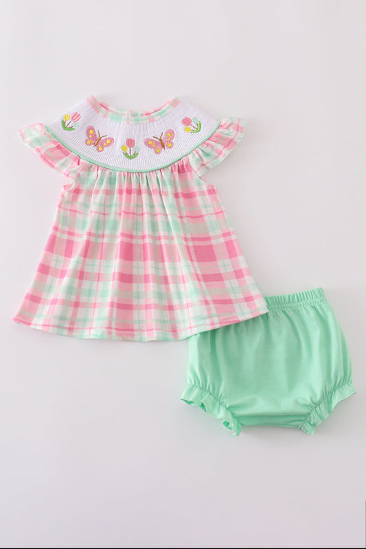 Pink Floral Butterfly Embroidery Smocked Plaid Bloomer Set