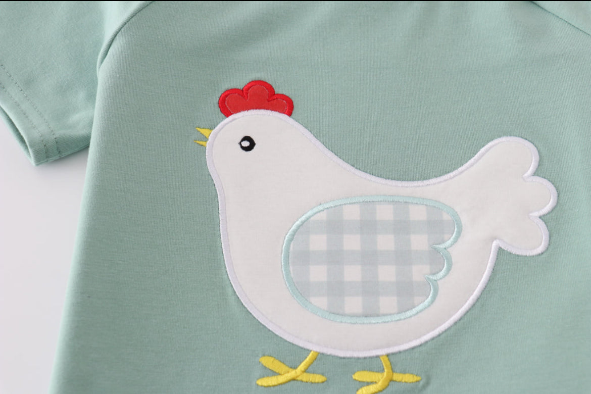 Boy’s Green Chicken Appliqué Short Set