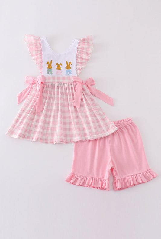 Pink Bunny Embroidered Bow Girl’s  Short Set