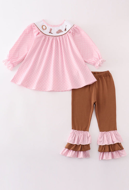 Pink Dot Smocked Western Embroidery Girl’s Pant Set