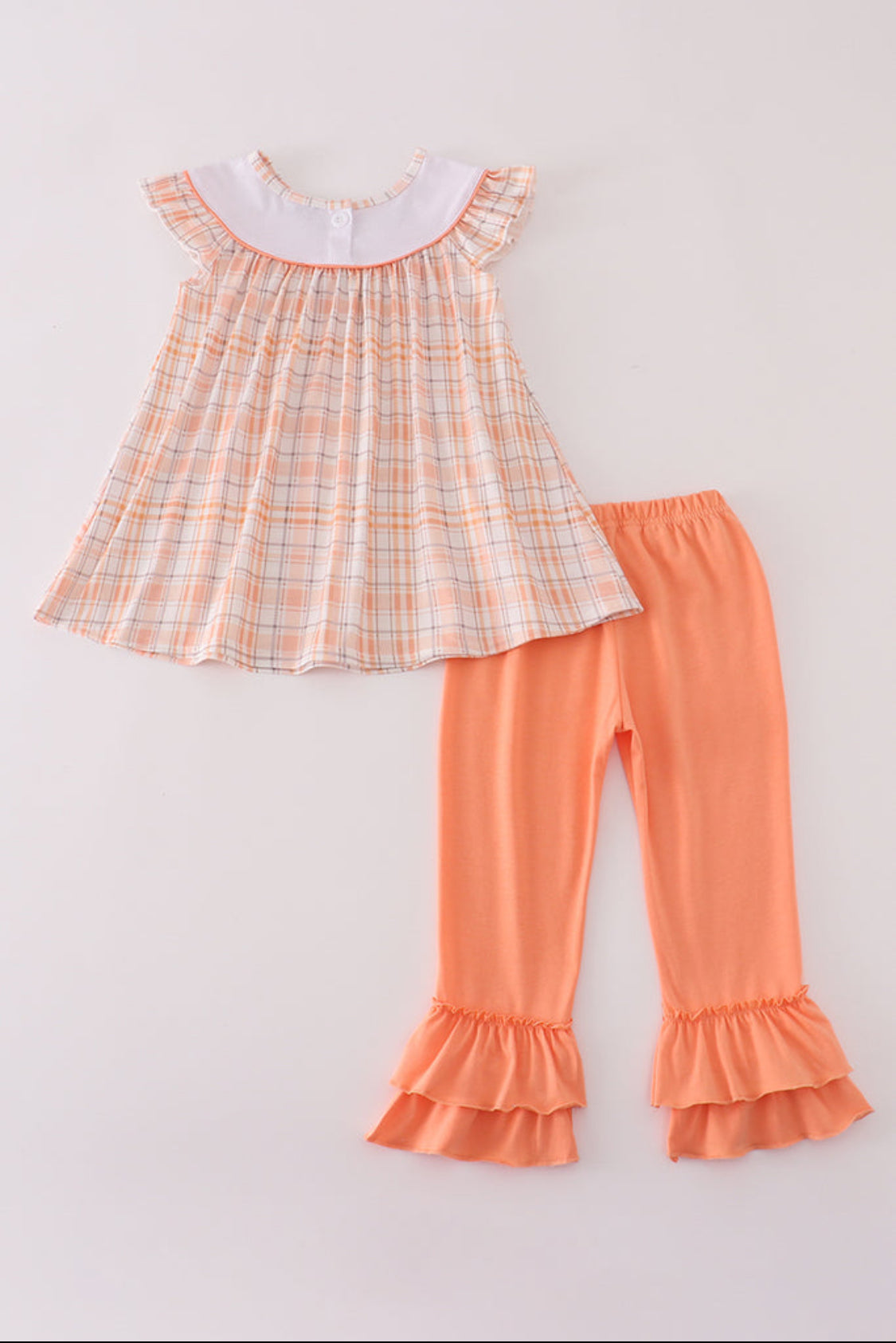 Orange Pumpkin Embroidery Plaid Ruffle Girl’s Pants Set