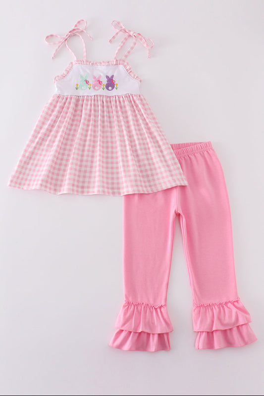 Pink Bunny Embroidered Gingham Girl’s Pant Set