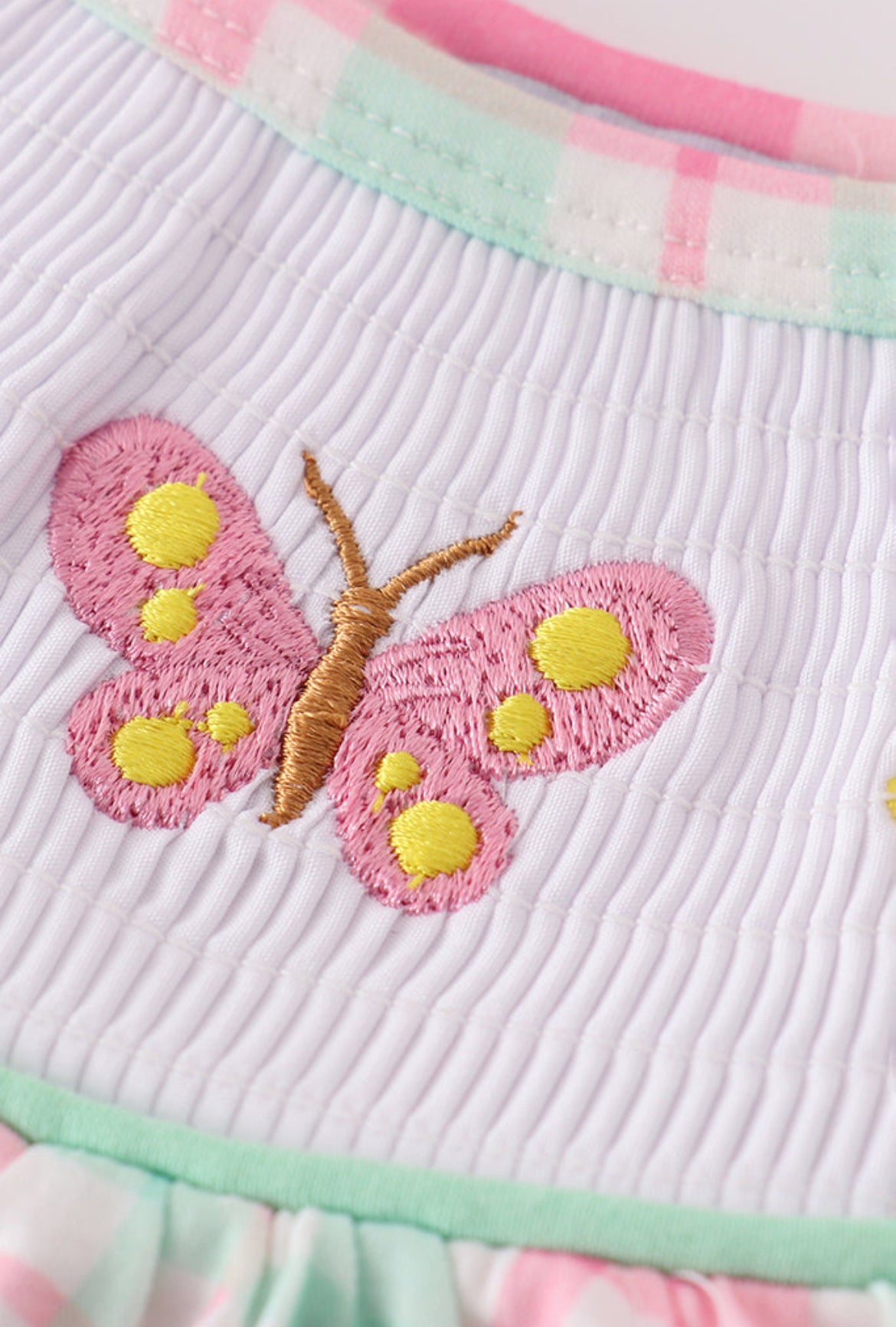 Pink Floral Butterfly Embroidery Smocked Plaid Dress