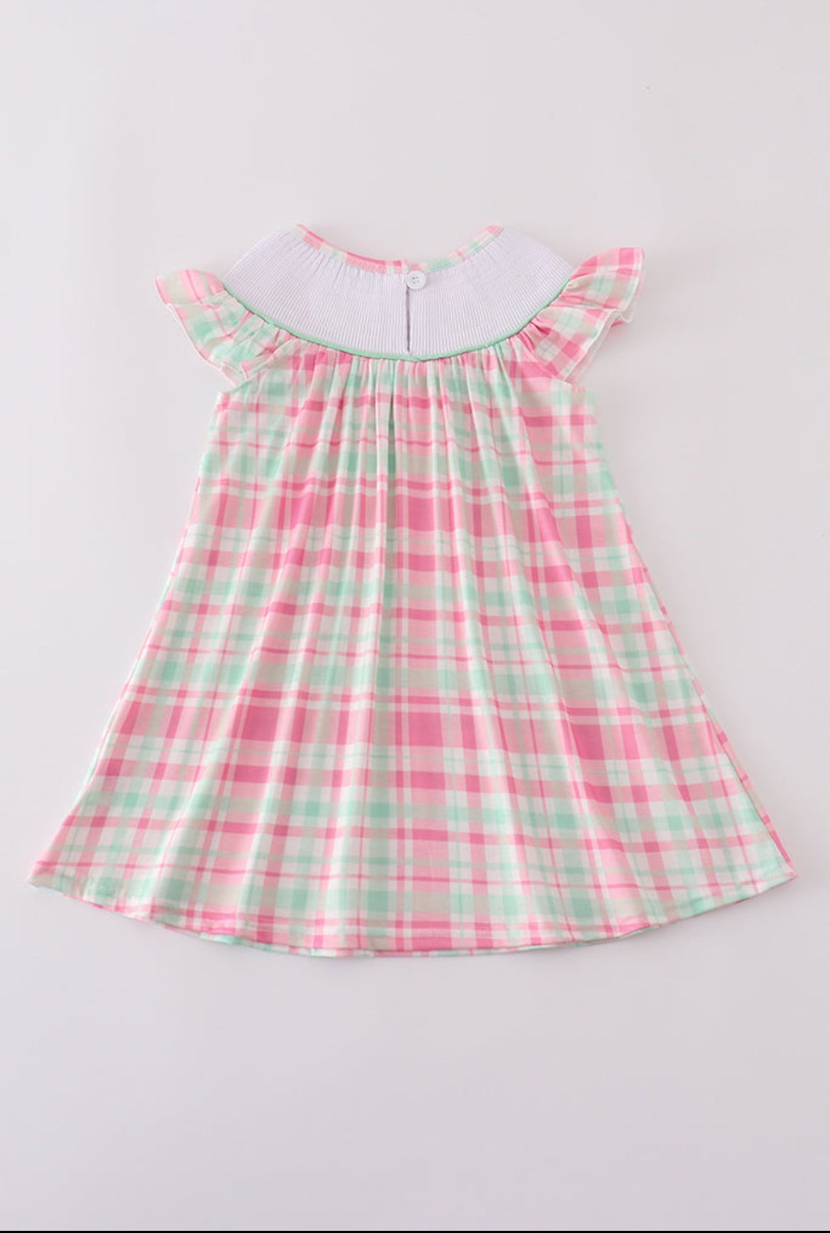 Pink Floral Butterfly Embroidery Smocked Plaid Dress