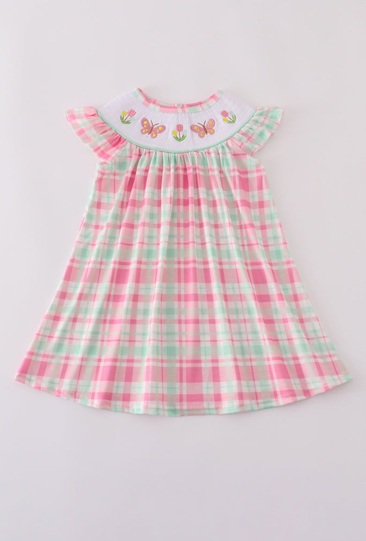 Pink Floral Butterfly Embroidery Smocked Plaid Dress