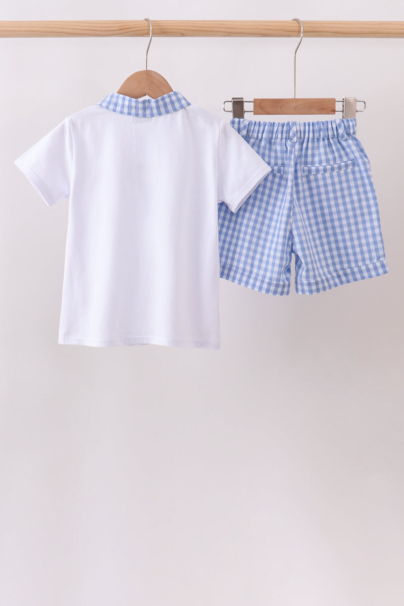 Blue gingham pumpkin embroidery shorts set