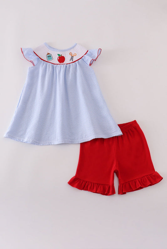 Red ABC Apple Embroidery Smocked Girl’s Short Set