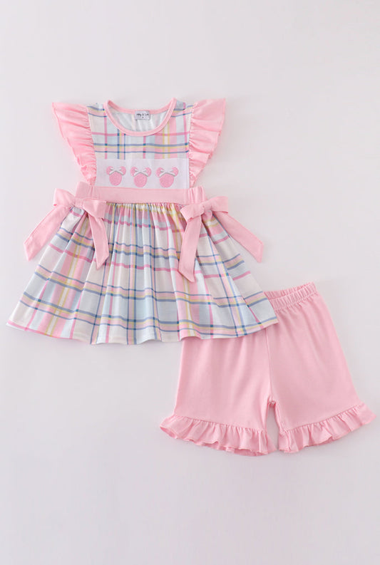 Girl’s Pink Plaid Character Embroidered Shorts Set