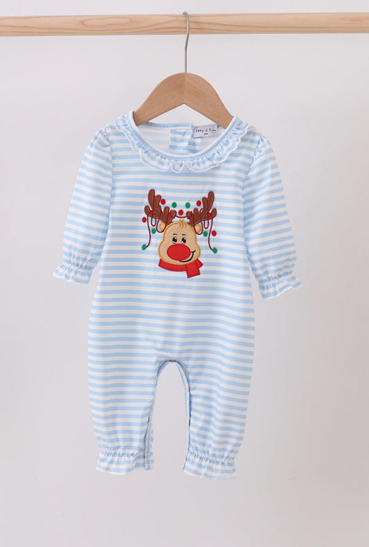 Blue Stripe Reindeer Appliqué Ruffle Girl’s Romper