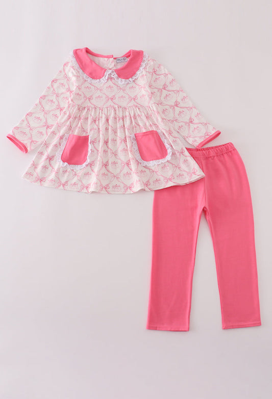 Pink Bow Tie Pumpkin Print Girl’s Pants Set