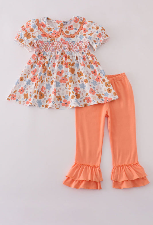 Floral Print Smocked Ruffle Girl’s Pants Set