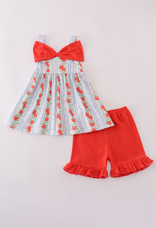 Apple Print Bow Ruffle Girl’s Shorts Set