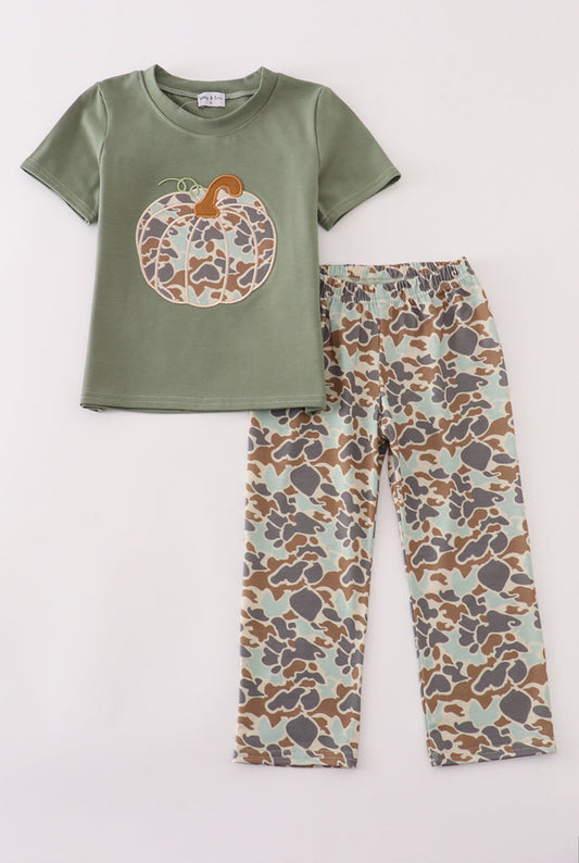 Camouflage Print Pumpkin Appliqué Boy’s Pants Set