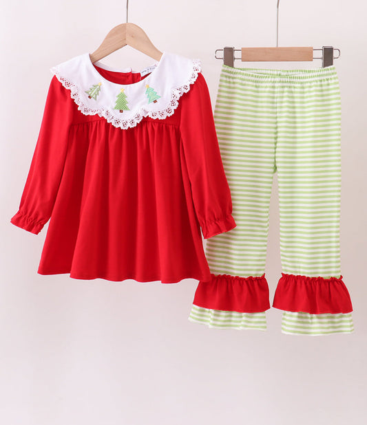Red Christmas Tree Embroidery Ruffle Girl’s Pants Set