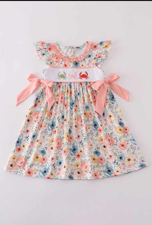 Floral Crab Embroidery Bow Ruffle Girl’s Dress