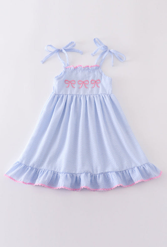 Blue Stripe Seersucker Bow Embroidery Girl’s Dresd