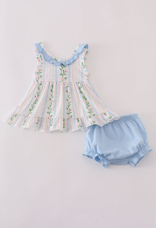 Blue FloralPrint Ruffle Girl’s Bloomer Set