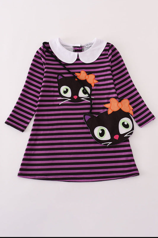 Purple Halloween Cat Stripe Dress 2 PC Set