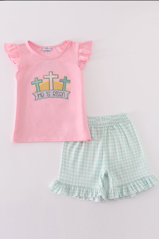 Pink Easter “He is Risen”Appliqué Girl’s Short Set