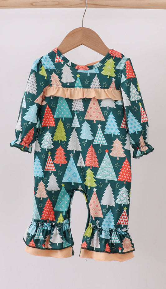 Green Tree Print Ruffle Girl’s Romper