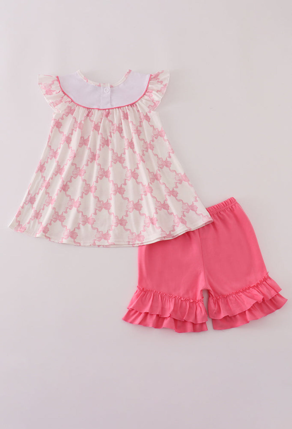Pink Bow Tie Embroidery Ruffle Short Set