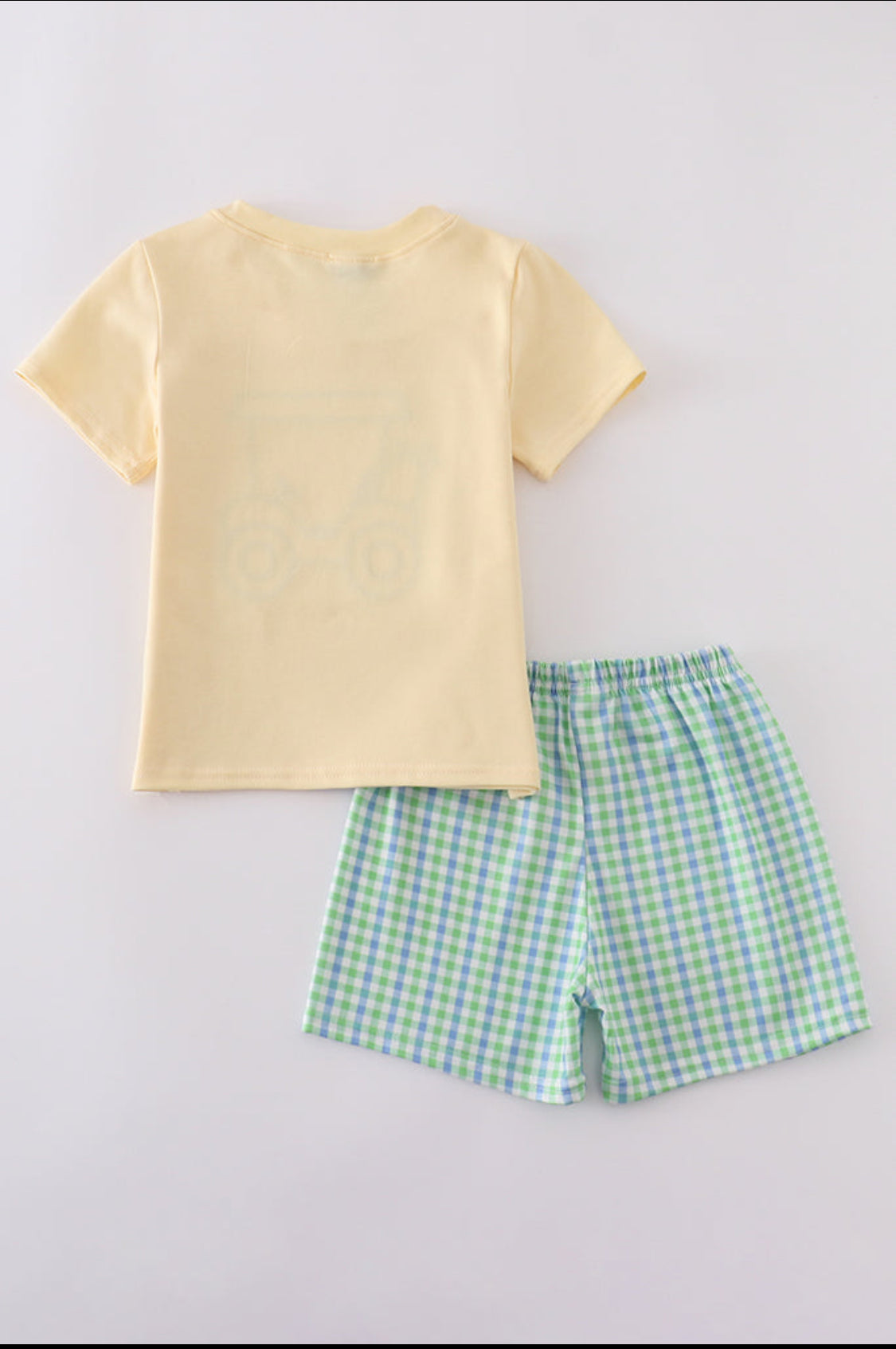 Yellow Golf Cart Appliqué Gingham Boy’s Shorts Set