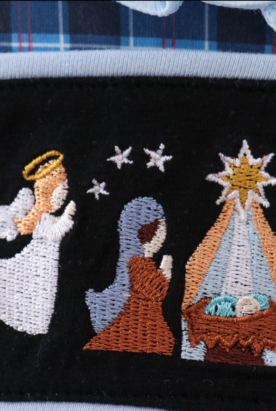 Navy Nativity Embroidery Plaid Ruffle Romper