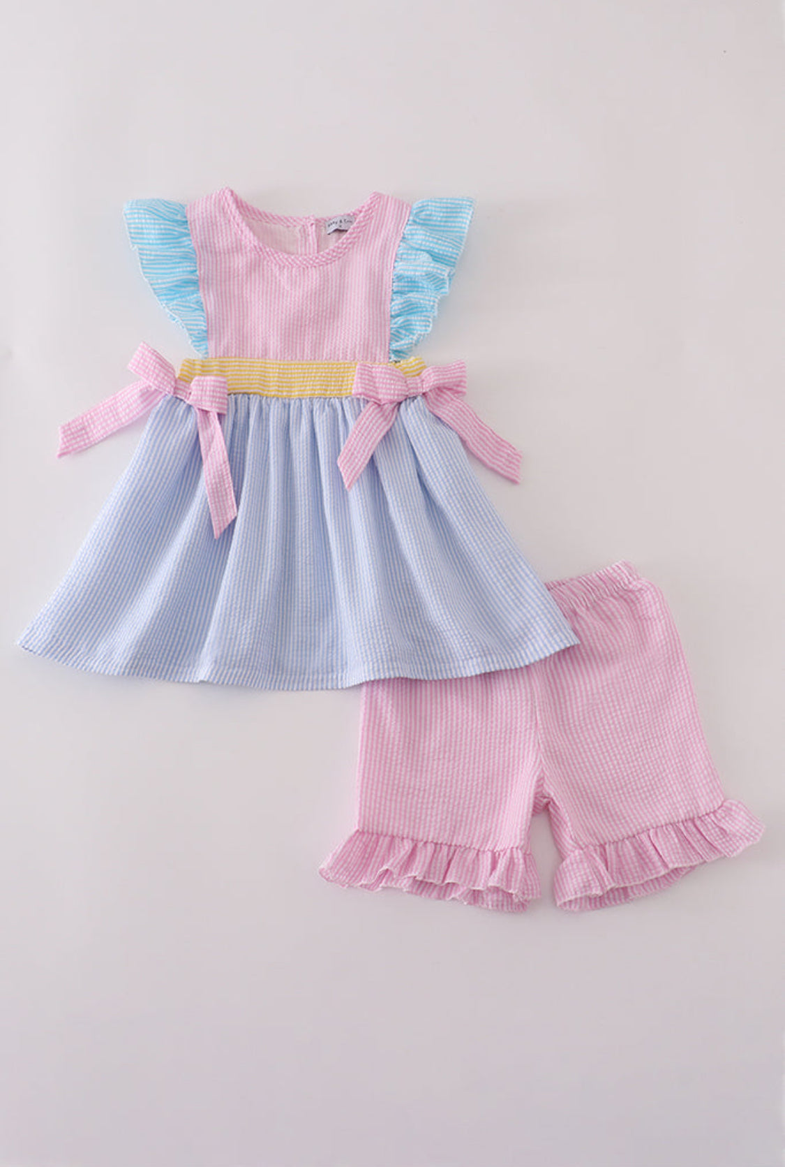 Multi Seersucker Stripe Ruffle Girl’s Shorts Set