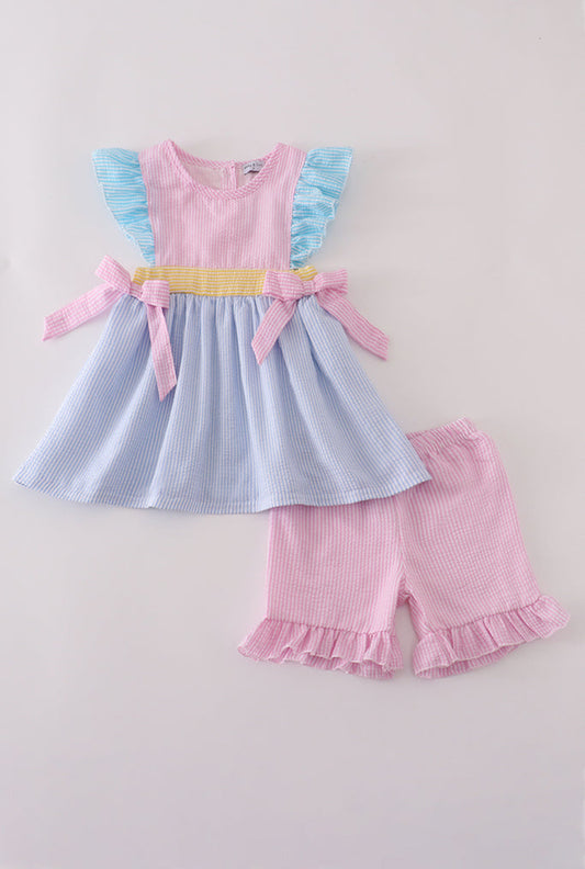 Multi Seersucker Stripe Ruffle Girl’s Shorts Set