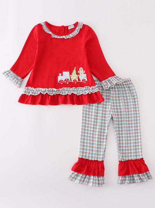Red Gingerbread Appliqué Ruffle Girl’s Pants Set