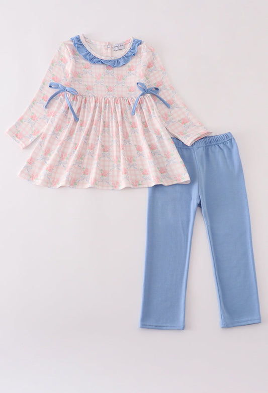 Pink Floral Print Ruffle Bow Girl’s Pants Set