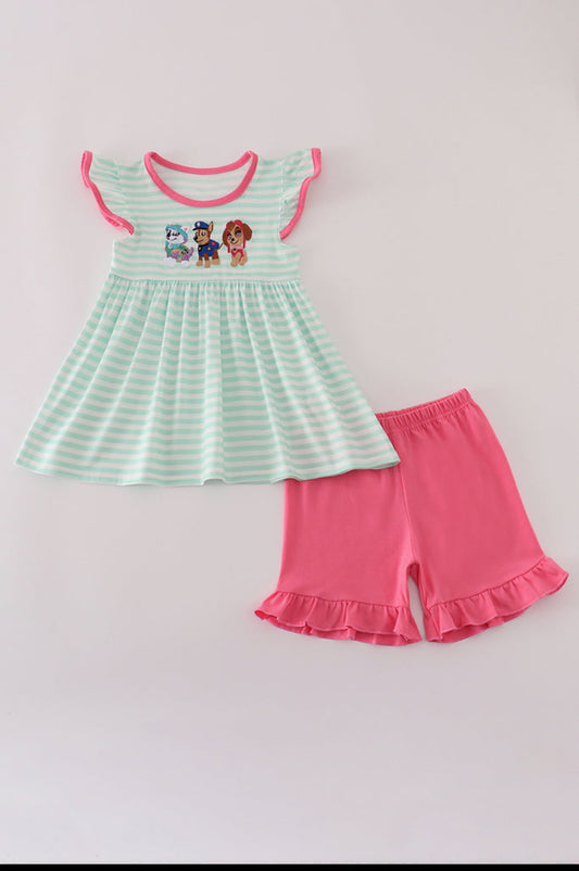 Pink Character Applique Stripe Shorts Set