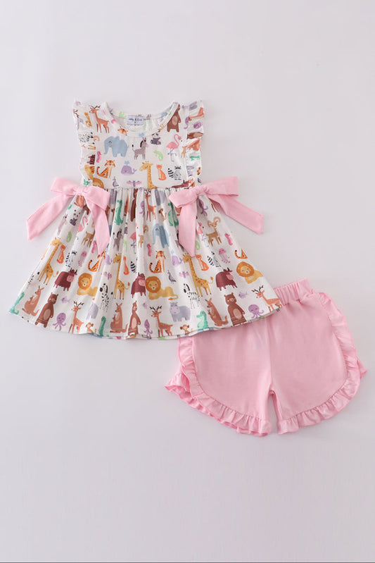Pink Zoo Animals Print Bow Ruffle Set