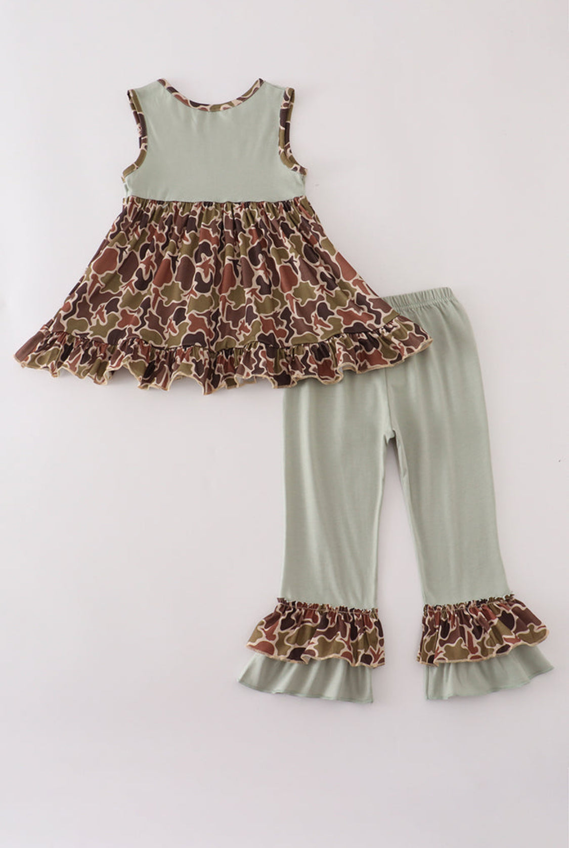 Green Camouflage Hunting Embroidery Ruffle Girl’s Pants Set
