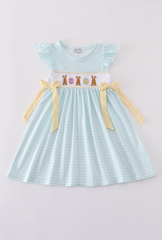 Girl’s Blue Bunny Embroidered Smocked Dress