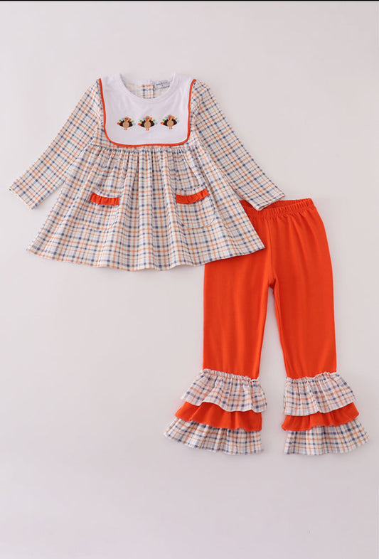 Orange Turkey Embroidery Plaid Ruffle Girl’s Pants Set