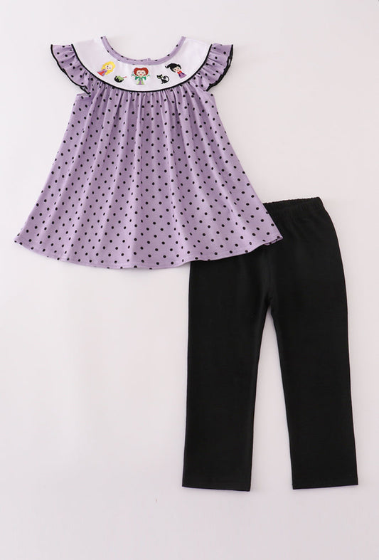 Purple Halloween Dot Witch Embroidery Girl’s Pants Set
