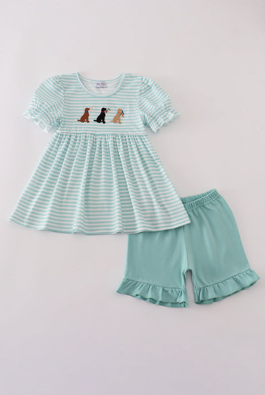 Green Stripe Puppy Hunting Embroidery Girl’s Short Set