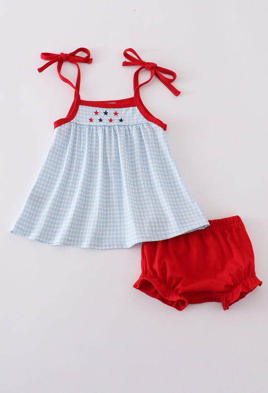 Gingham Star Embroidery Girl’s Bloomer Set