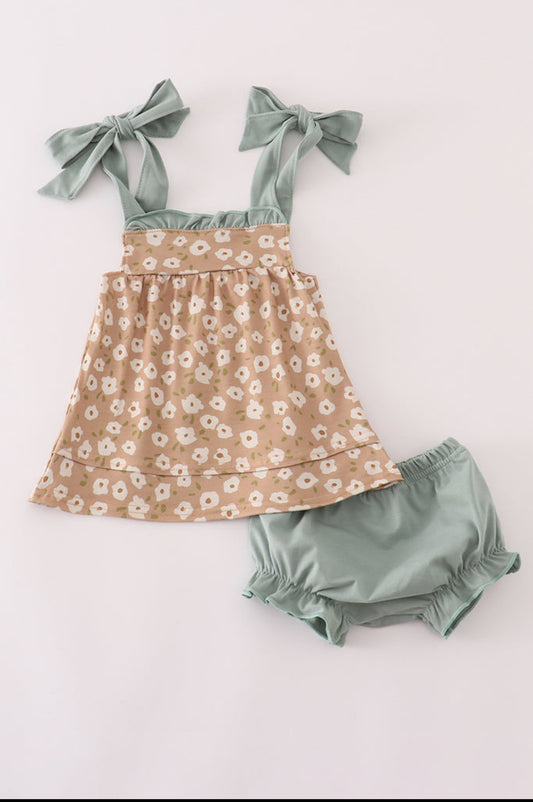 Mustard and Mint Floral Print Ruffle Girl’s Bloomer Set