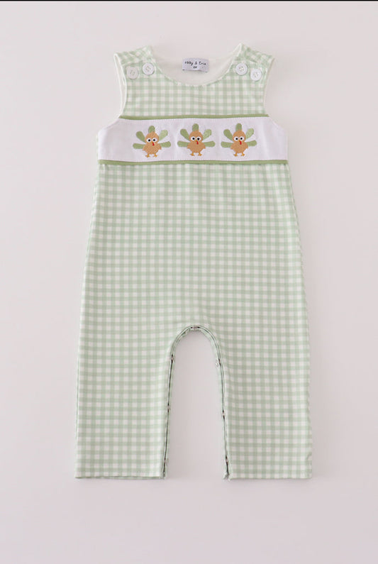 Sage Turkey Embroidery Gingham Boy’s JonJon