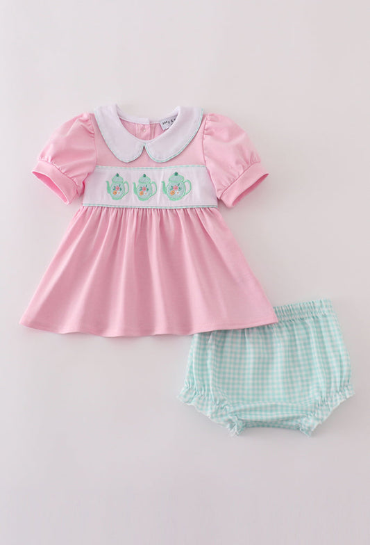 Pink Teapot Embroidery Puff Sleeve Girl’s Bloomer Set