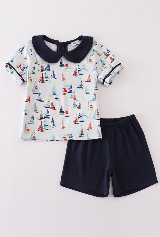 Navy Sailboat Print Boy Set