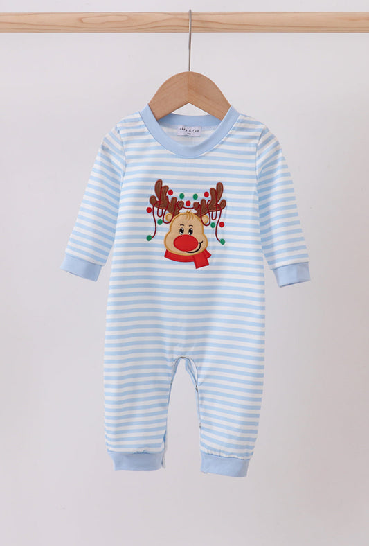 Blue Stripe Reindeer Applique Boy’s Romper
