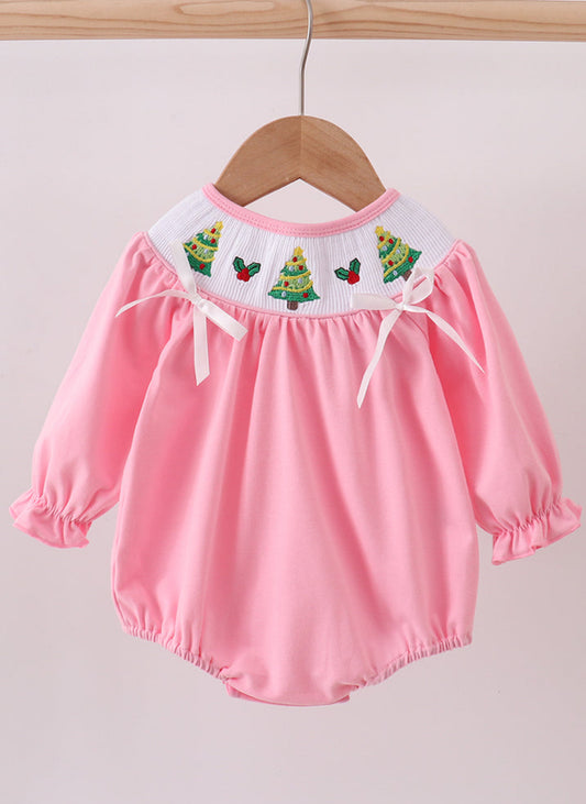 Pink Christmas Tree Smocked Girl’s Bubble