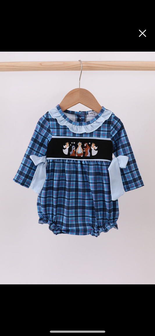 Navy Nativity Embroidery Plaid Ruffle Girl’s Bubble